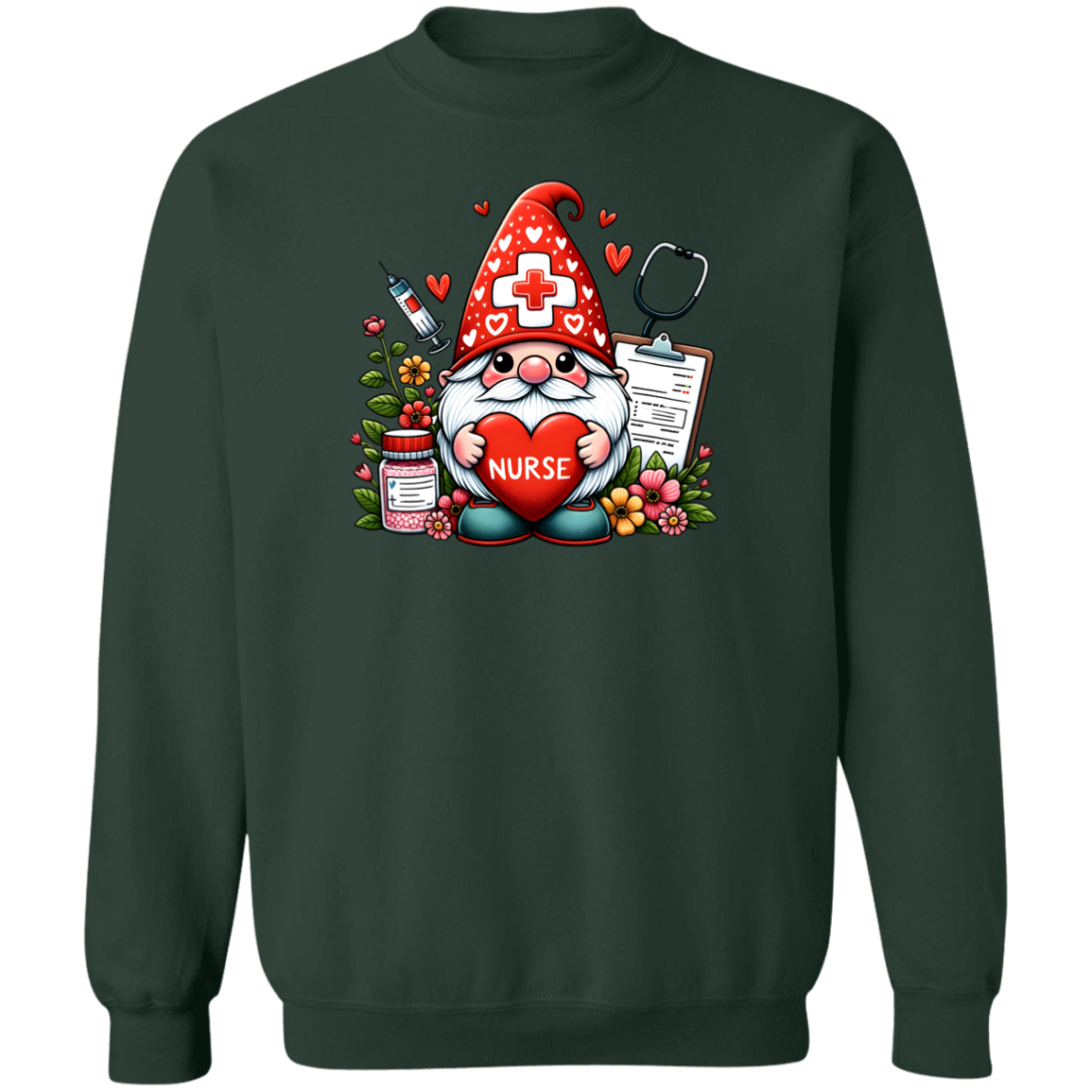 Nurse Gnome Crewneck Pullover Sweatshirt CustomCat