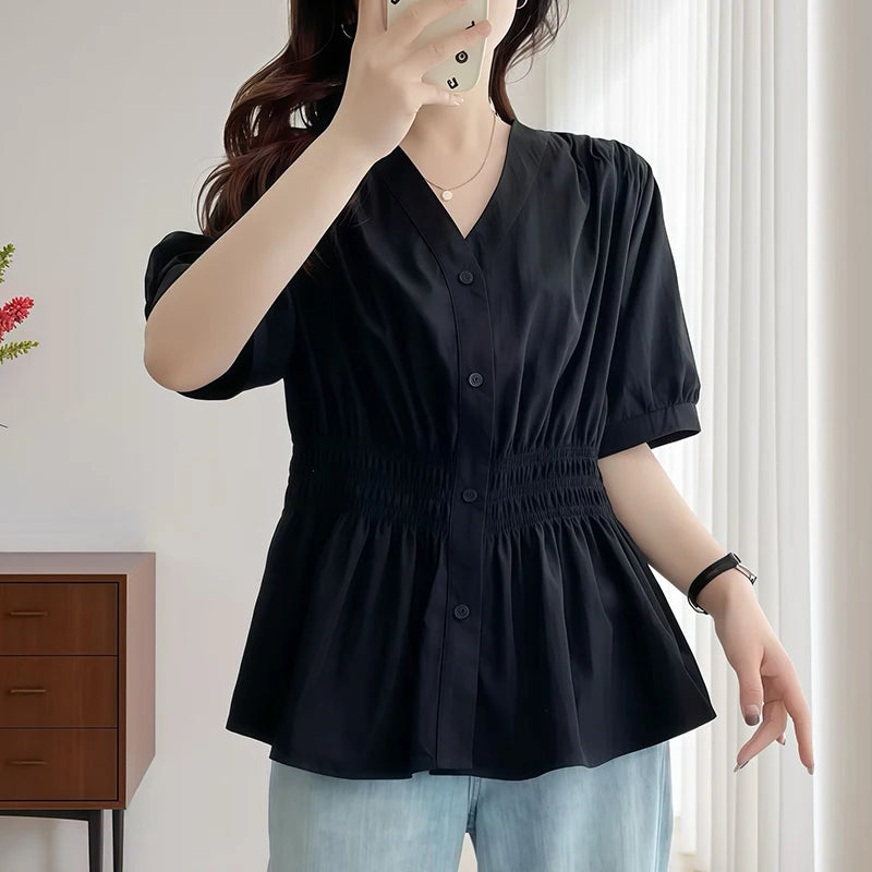 Elastic Short Sleeve Solid Tops