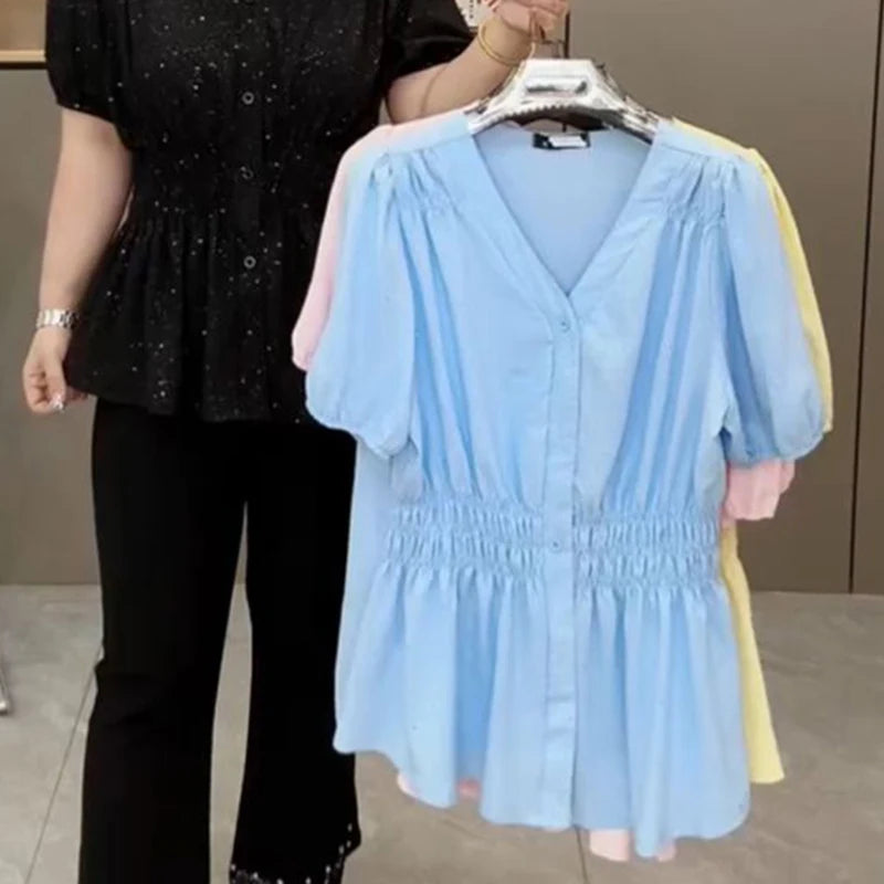 Elastic Short Sleeve Solid Tops