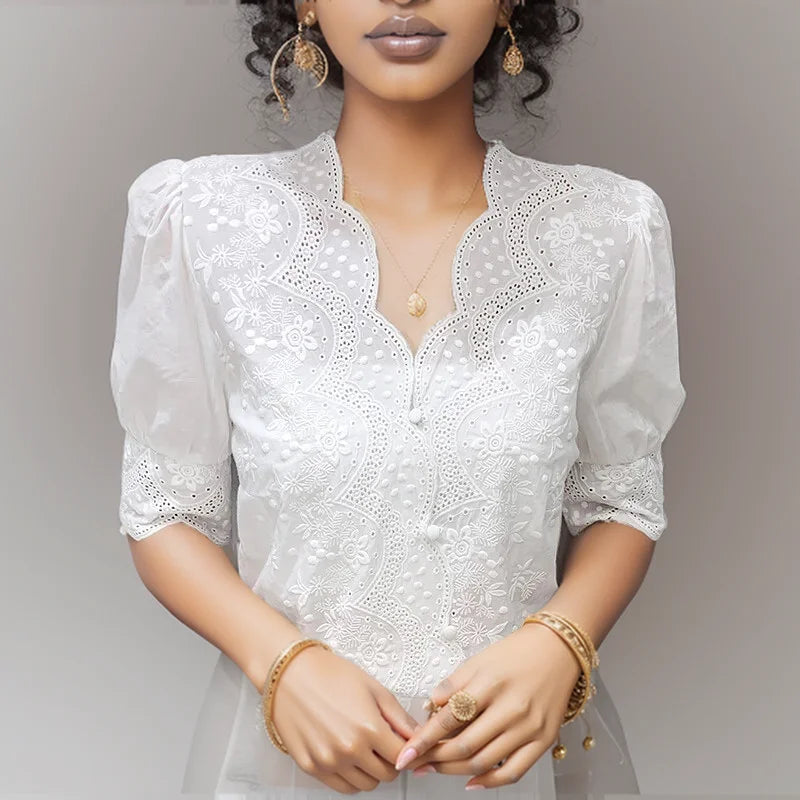 Embroidery Puff Sleeve  Blouse