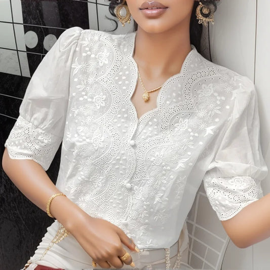 Embroidery Puff Sleeve  Blouse