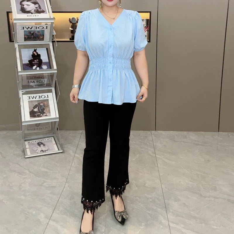 Elastic Short Sleeve Solid Tops