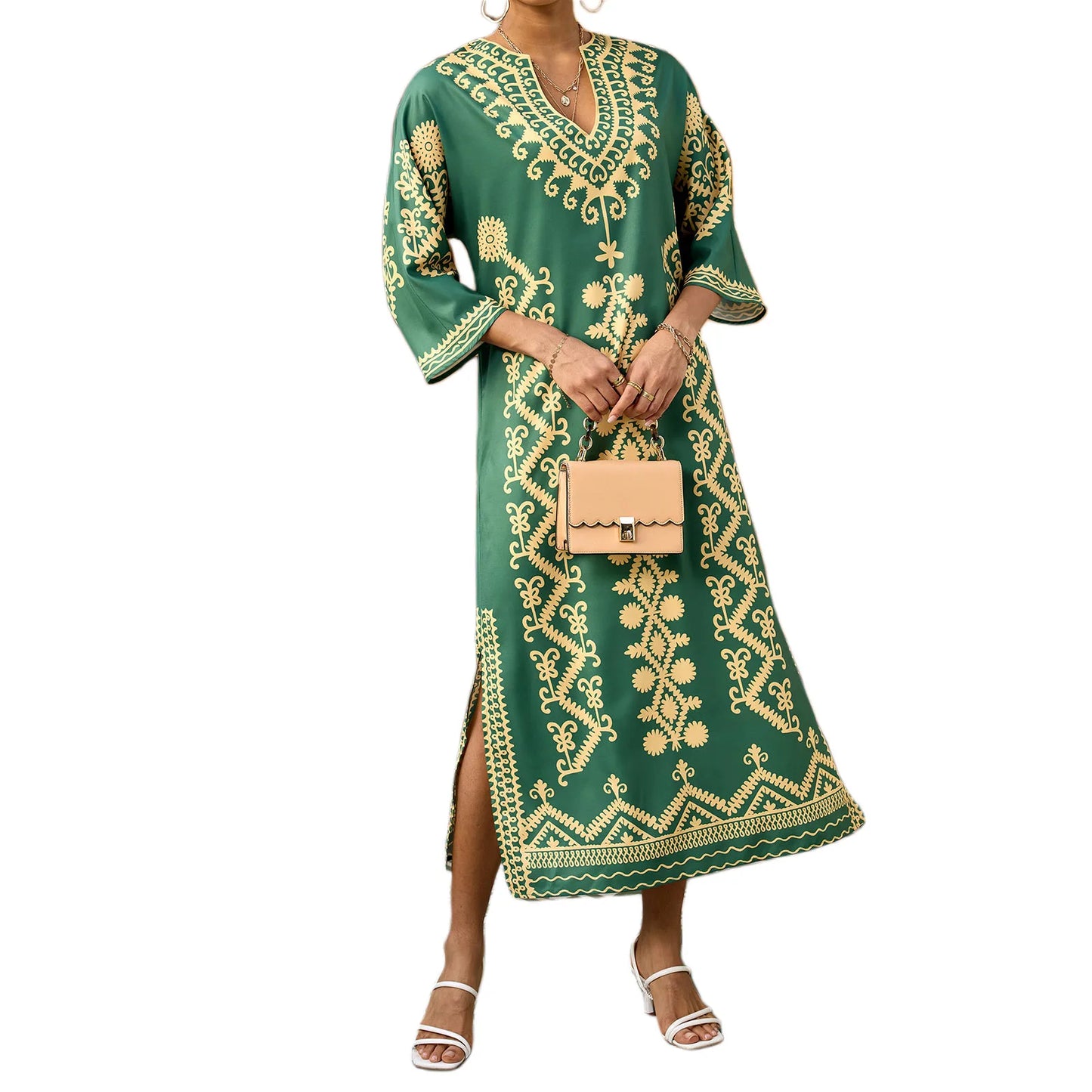 Sleeve V-Neck Maxi Dress